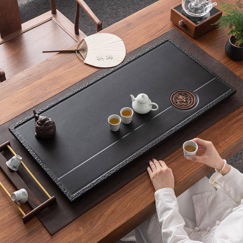 乌金瓷石茶盘家用简约茶具茶台排水式小干泡台石头轻奢复古茶盘托