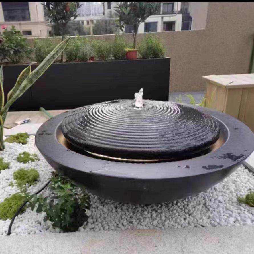 日式庭院黑山石水钵流水户外水池别墅花园青石中国黑水槽石盆造景