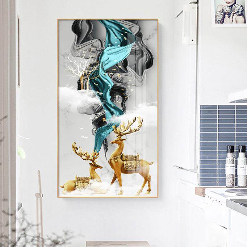 现代简约玄关装饰画竖版抽象入户走廊过道墙壁画玄幻进门挂画麋鹿