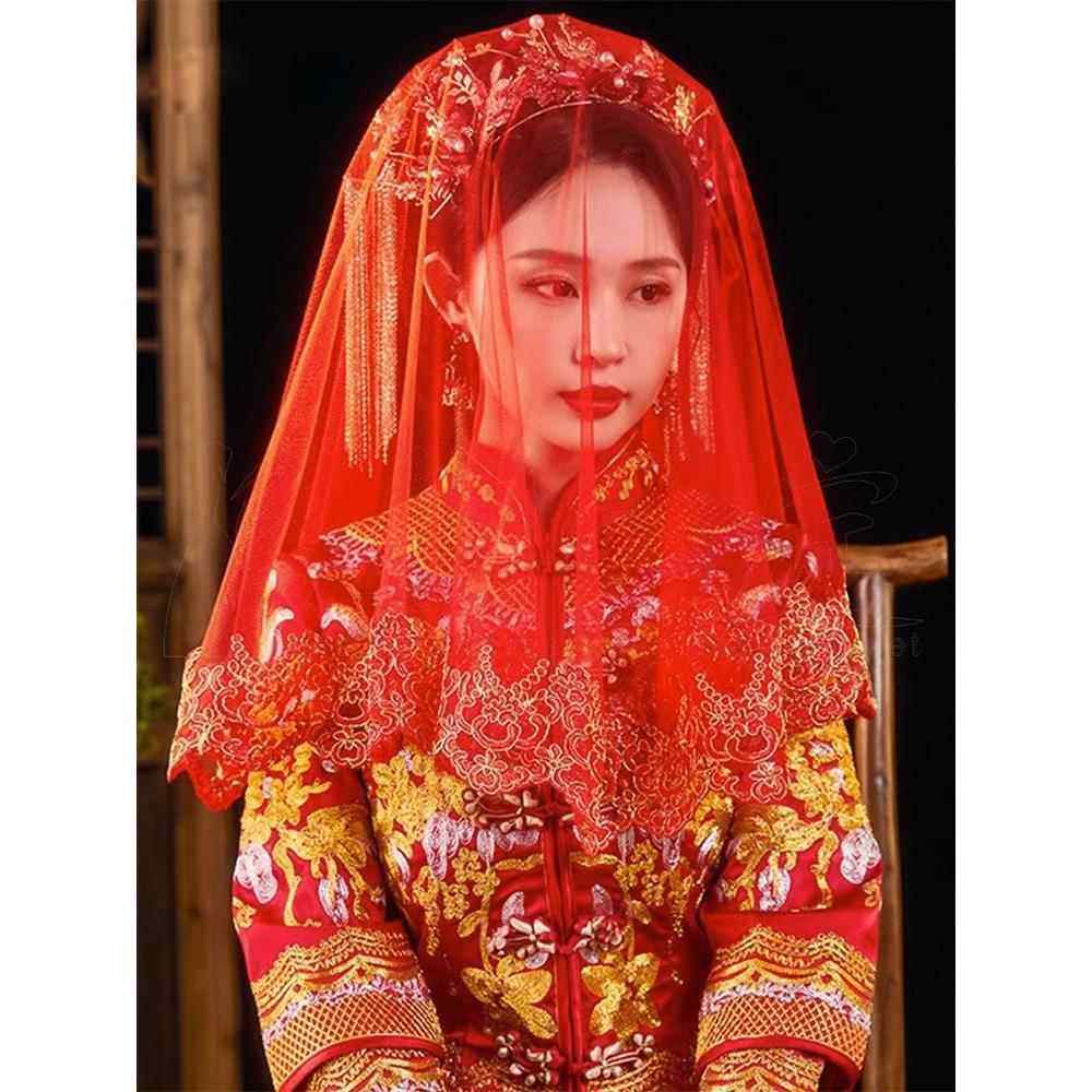 红盖头新娘秀禾高级凤冠霞帔结婚红色头纱秀禾服中式蕾丝拍照短款