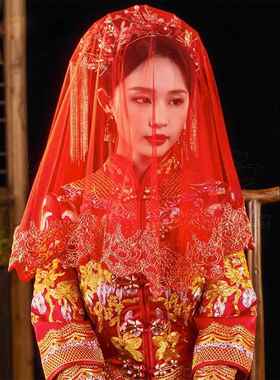 红盖头新娘秀禾高级凤冠霞帔结婚红色头纱秀禾服中式蕾丝拍照短款