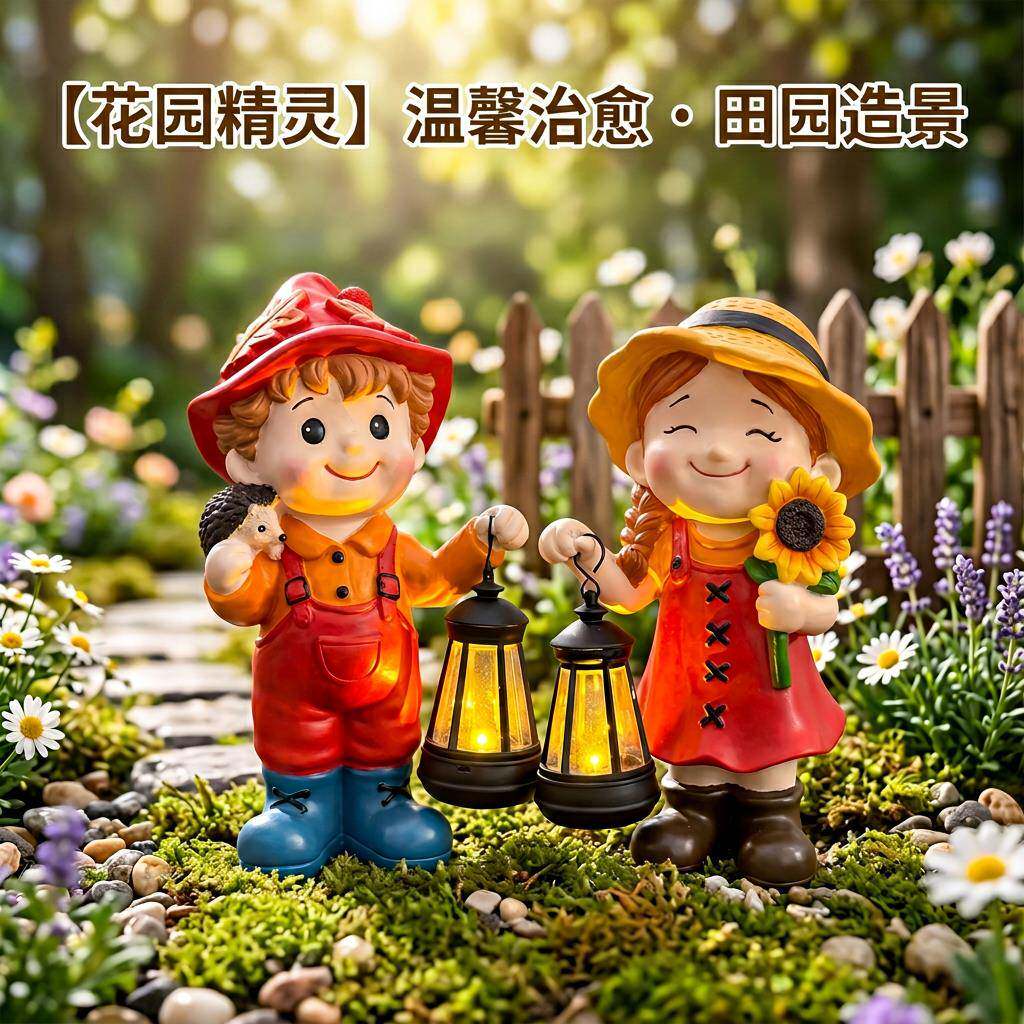 创意太阳能发光男孩女孩提灯装饰品摆件户外庭院景观乔迁送礼摆件