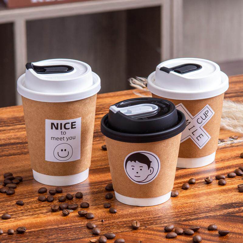 咖啡杯子一次性罐罐烤奶双层牛皮纸杯带盖加厚热饮奶茶杯外卖水杯