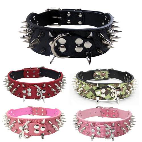 Black Adjustable Wide Spiked Dog Collar with Mushroom Rivet