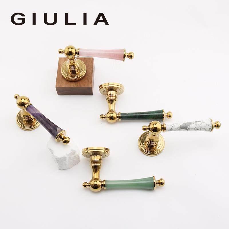 GIULIA意大利锁体紫粉水晶大理石法式金色静音磁吸卧室门锁双门