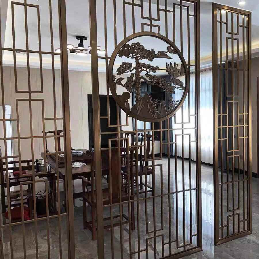 客厅入户属金镂空花迎格双面浮雕断玄关24-3-4隔不锈钢中式客松屏