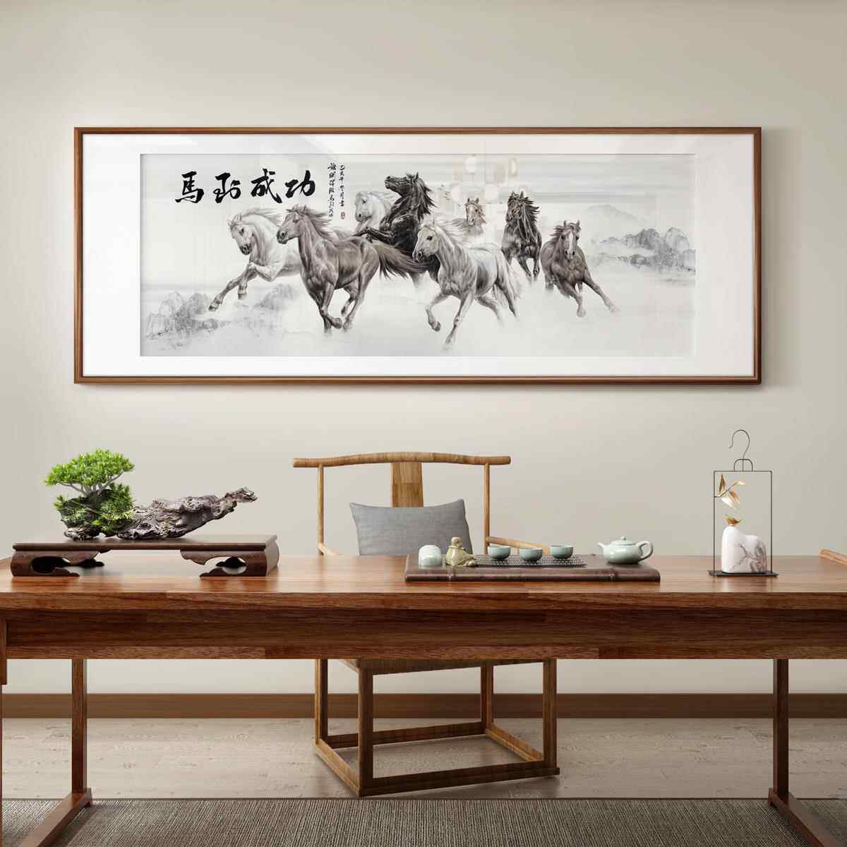 八骏图客厅挂画骏马图装饰画马到成功挂画墙壁画办公室国画装饰画