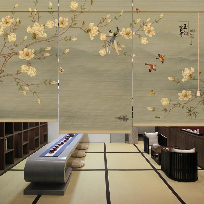 中式竹帘卷帘茶室挂画帘日式印花窗帘禅意复古隔断遮光遮阳帘升降