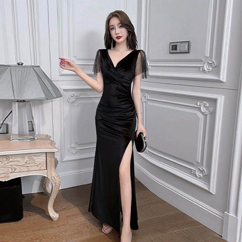 桑拿夜总店金丝绒连衣裙修身显瘦低胸气质短袖鱼尾晚礼服包臀长款