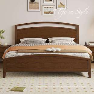 复古双人床带储物胡桃木色床1米8双人床带床垫高端主卧大床实木床