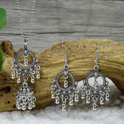 Vintage Ethnic Indian Style Round Rhinestone Earrings Bell T