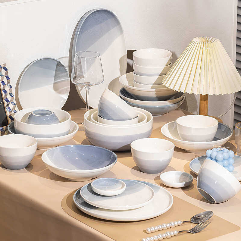 高级感釉下彩碗碟套装家用餐具套装渐变风加厚简约风陶瓷碗盘组合