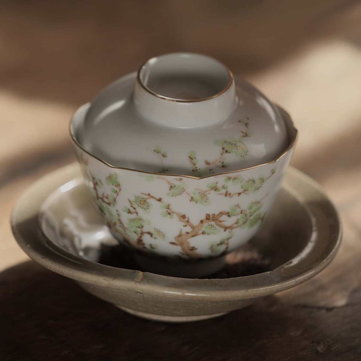 [绿萼] 梅花葵口盖碗景德镇手绘泡茶碗陶瓷中式复古茶具弥云斋