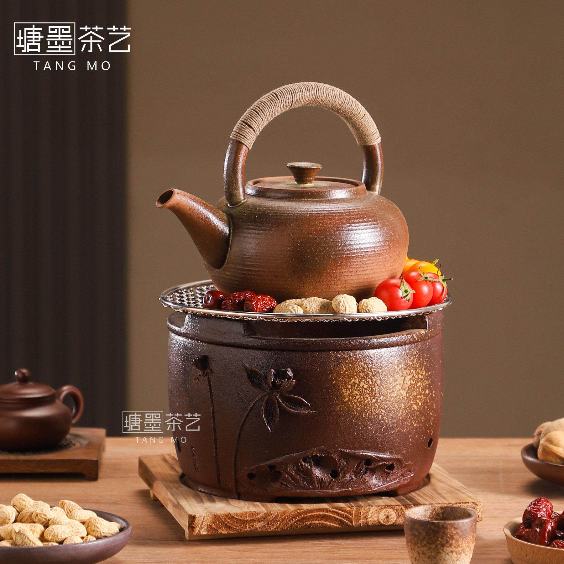 老式围炉煮茶炉覆古手工荷花炭炉烧水壶家用陶土柴烧大号炭火炉