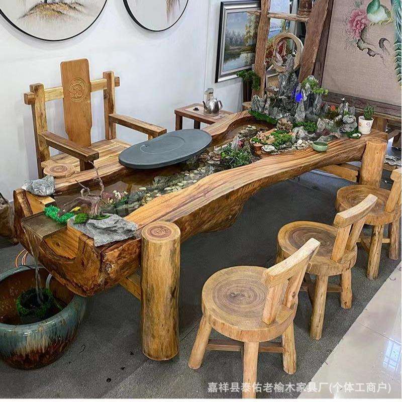老榆木异形茶室茶几桌禅意高山流水茶台景观新中式根雕养鱼台茶桌