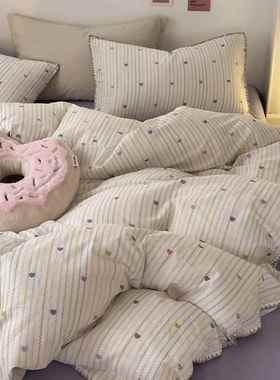 A类母婴级紫色爱心条纹双层纱纯棉四件套少女全棉床单被套三件套
