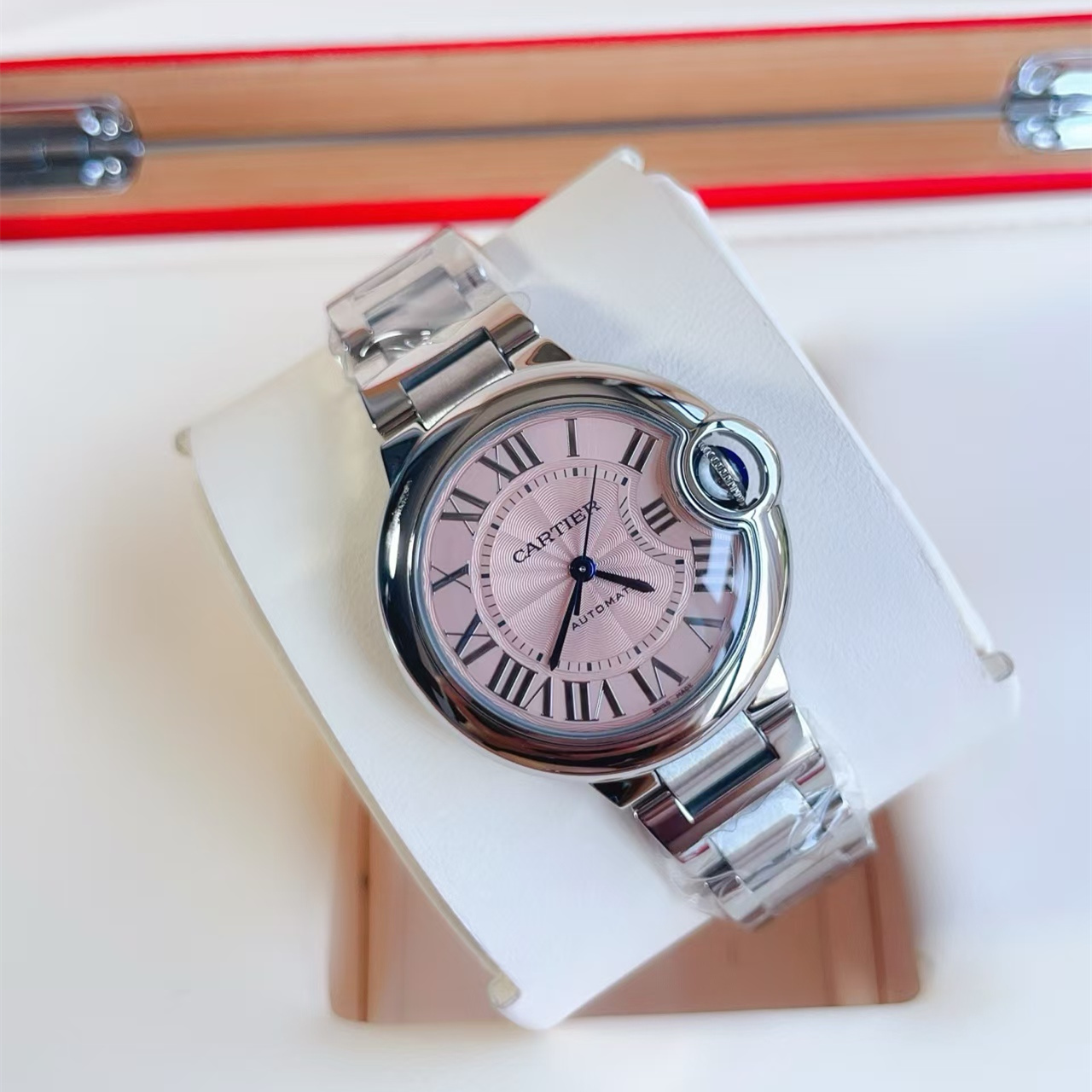 特价[9.8新]卡地亚蓝气球系钢自动机械腕表33MM女表W6920100粉盘