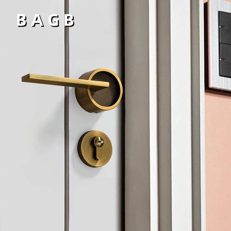 BAGB美式复古黄古铜室内卧室分体房门锁木门法式把手轻奢磁吸门锁