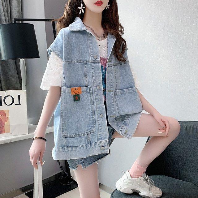 新品牛仔马甲女早秋欧货网红时尚洋气宽松大码小香风马夹坎肩无袖