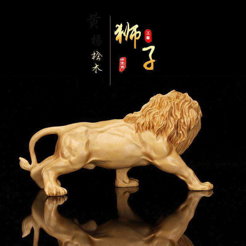 黄杨木雕金钱豹车载摆件 雄狮子居家开业送礼收藏汽车动物工艺品
