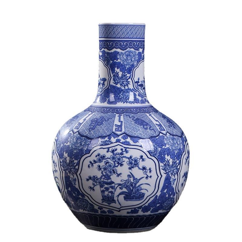 中式青花大号天球瓶景德镇陶瓷花瓶瓷器玄关家居客厅装饰品摆件