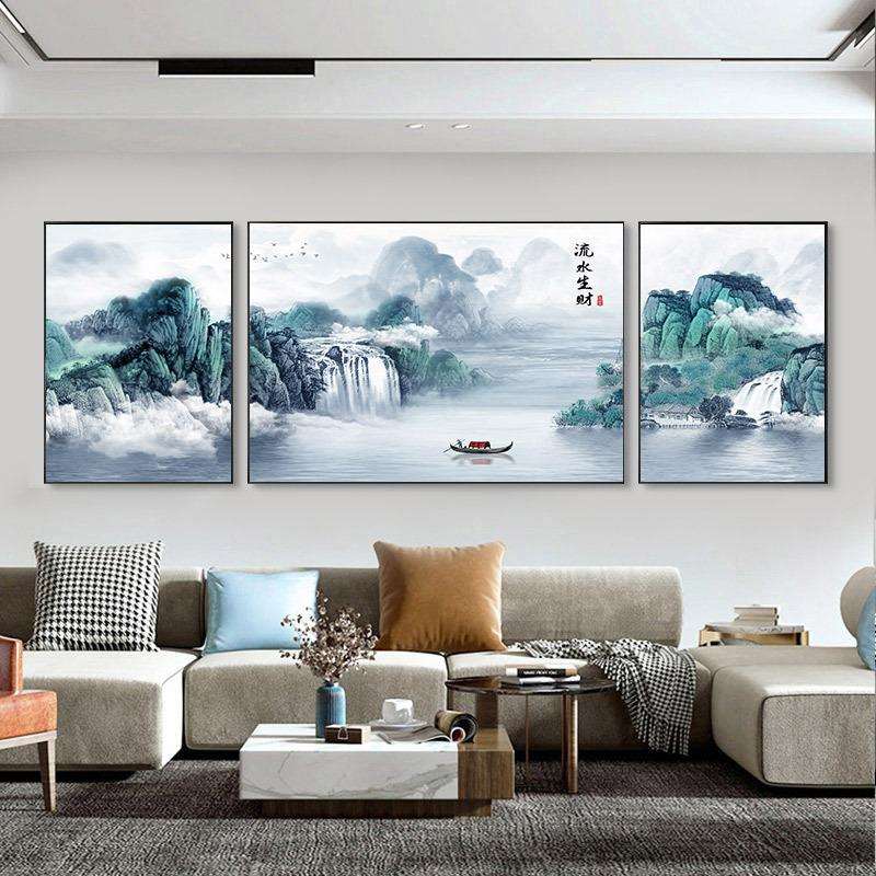 山水风景三联画2022新款十字绣线绣客厅手工自己刺绣书房流水