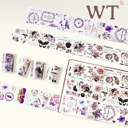 WT原创胶带 普罗旺斯 紫罗兰之夜 模切花朵和纸PET手帐胶带INS风