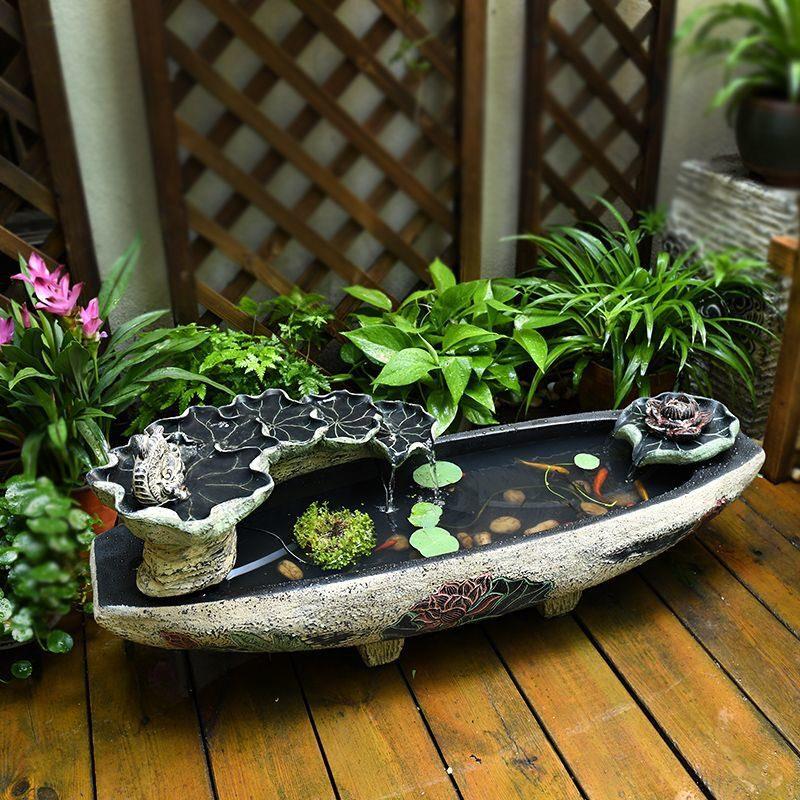 庭院花园荷花船倒流水摆件循环流水鱼缸新中式水景摆件造景装饰