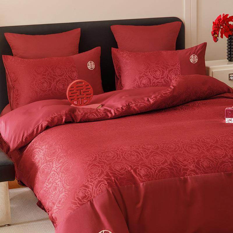 喜新中式字结婚套四套大红色MQM床单玫瑰纯棉被婚庆房件喜被床上