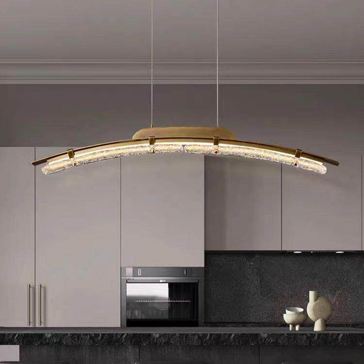 轻奢客厅吊灯简约个性水纹玻璃主灯一字吧台长条餐桌全铜艺术灯具