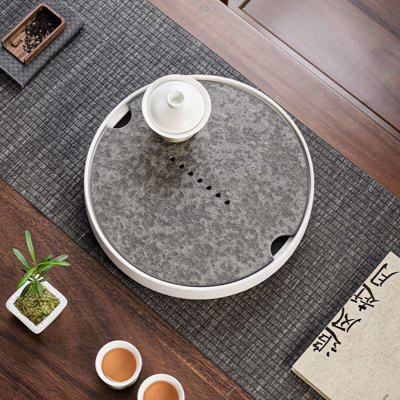 日式茶盘大号干泡盘茶台家用全陶瓷简约储水盘圆形办公室茶托茶海