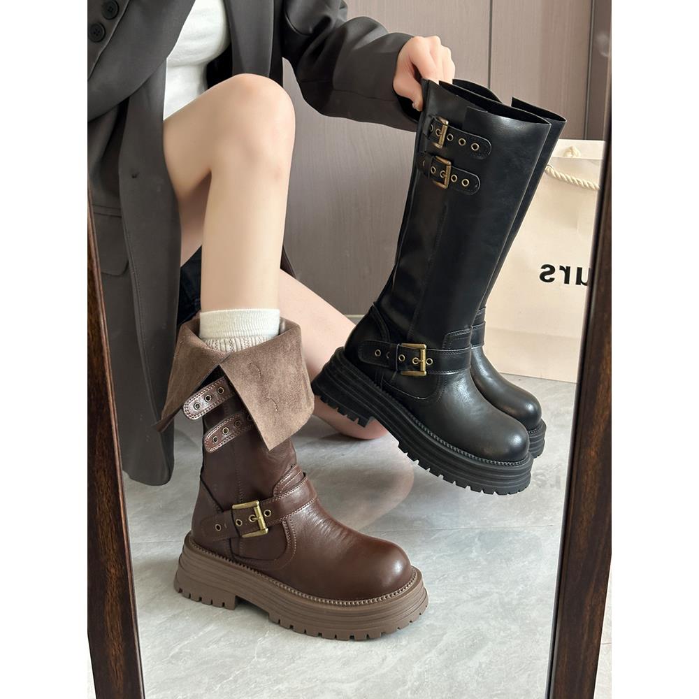 美拉德棕色长筒靴女粗腿2025新款季厚底两穿翻折西部高筒骑1115w