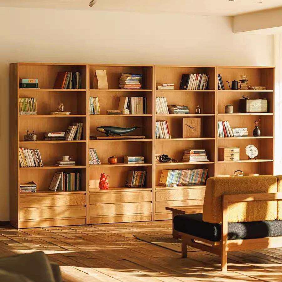 北欧实木书柜樱桃木一体整墙客厅组合落地书架日式置物展示储物柜