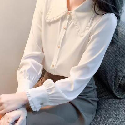 香港TIMO春秋季新款女装雪纺白色衬衫女士长袖娃娃领衬衣洋气上衣