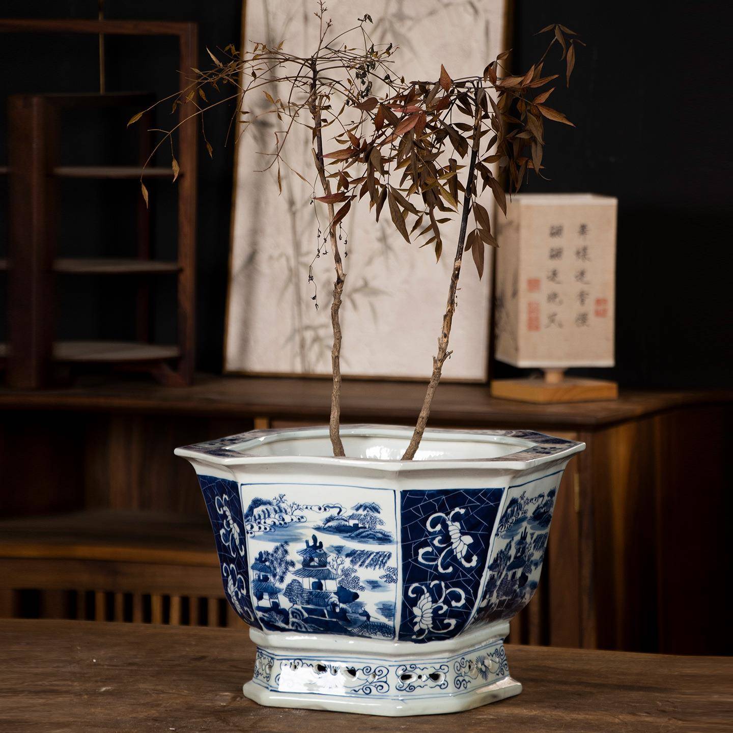 雨彤家居青花瓷花盆蝴蝶兰陶瓷花盆仿古中式家居客厅装饰品大花盆