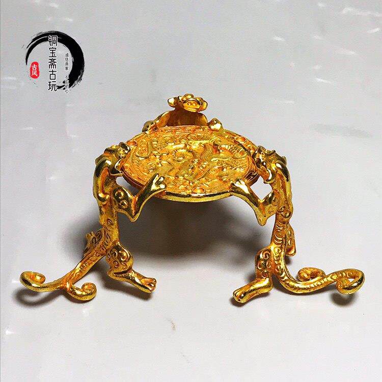古玩收藏纯铜镀金螭龙烛台精美摆件黄铜鎏金盖置杯托底款大唐贞观