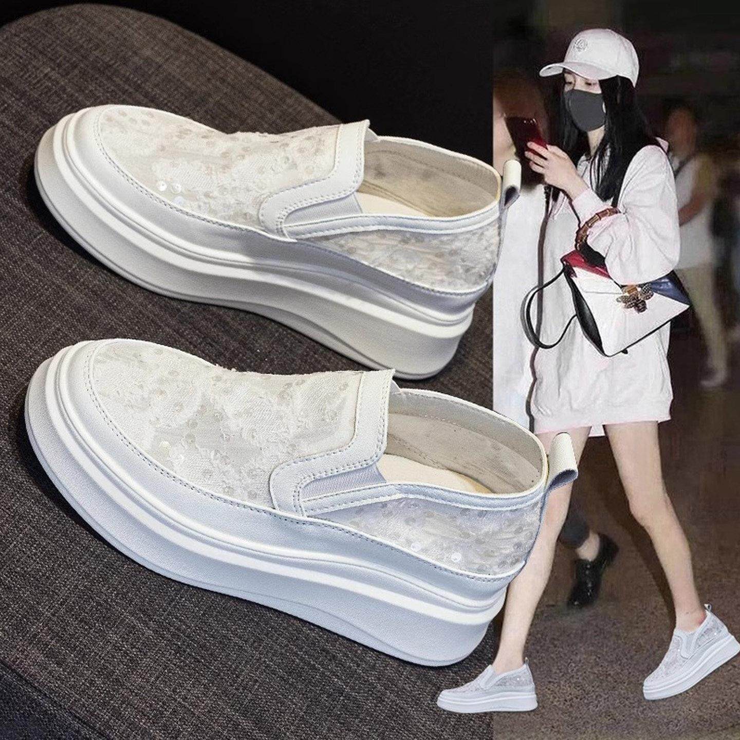 香港亮片网面内增高小白鞋女2025夏季一脚蹬厚底配裙子松糕网鞋