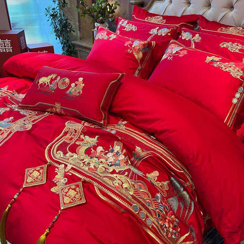 1婚庆款100支贡缎全棉四件套百子添喜纯棉被套结婚床上用品
