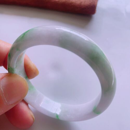 54圈口缅甸天然真品翡翠冰飘满绿花高端玉石闪拍宽边玉手镯49.62g