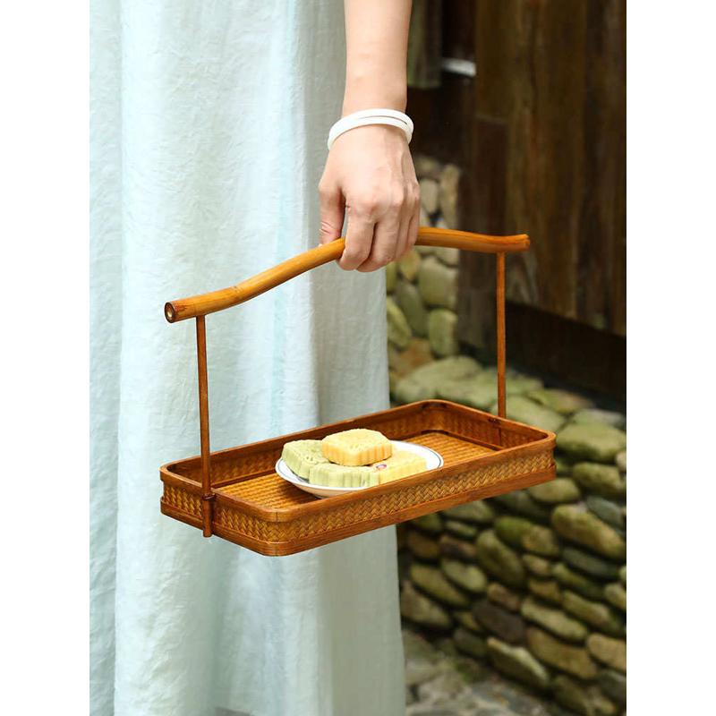 竹制品筇竹大漆提篮竹编手工篾编水果篮复古茶具收纳筐中式手提篮