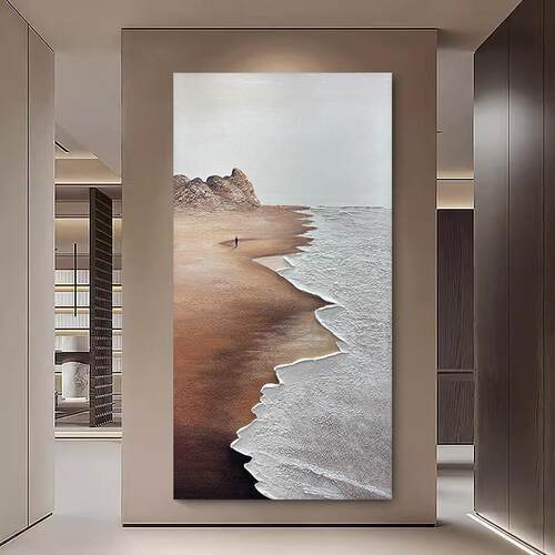 手绘油画《海岸》竖版玄关挂画入户客厅背景墙装饰画肌理画壁画