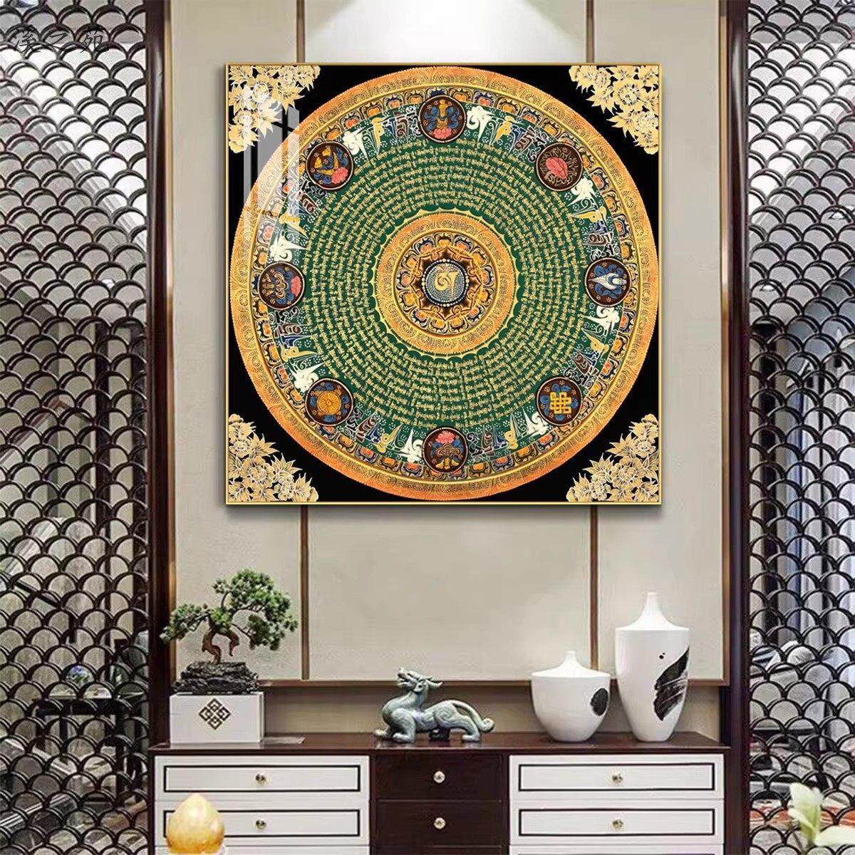 黑金唐卡挂画六字真言心经玄关壁画坛城佛堂咒轮西藏黄财神装饰画