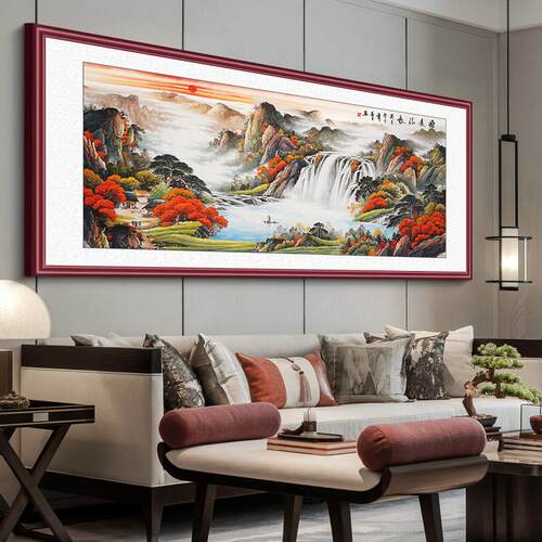 流水生财山水画 画办公室挂画 画客厅装饰画 画茶室沙发背景墙挂