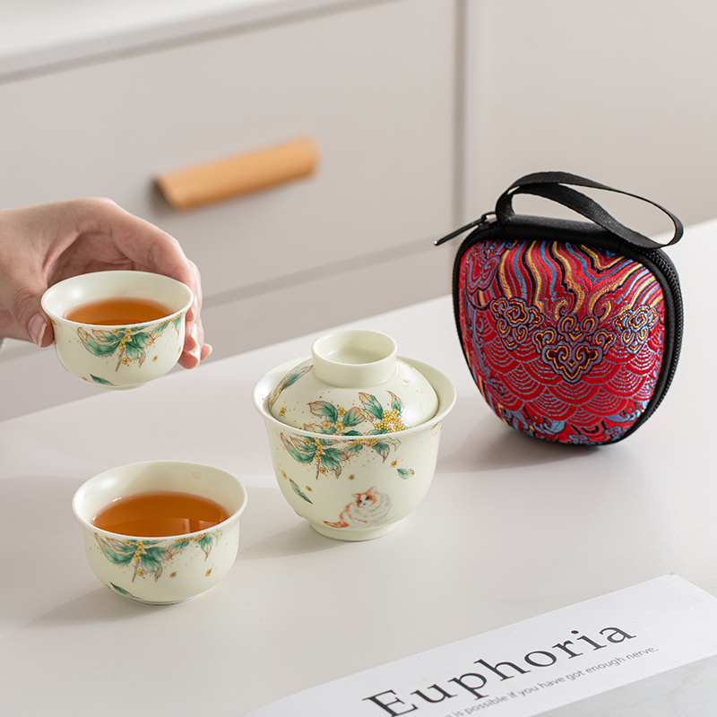 可爱猫便携式旅行茶具套装简易户外泡茶壶茶杯萌趣女士露营快客杯