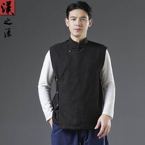 中国风夏季苎麻男士背心无袖坎肩中式马甲复古立领汉服上衣茶服