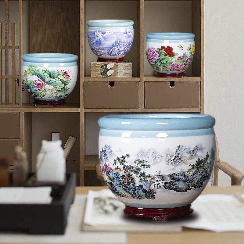 名师金青霞作品粉彩聚宝盆高端花盆桌面水培碗莲睡莲铜钱多肉盆