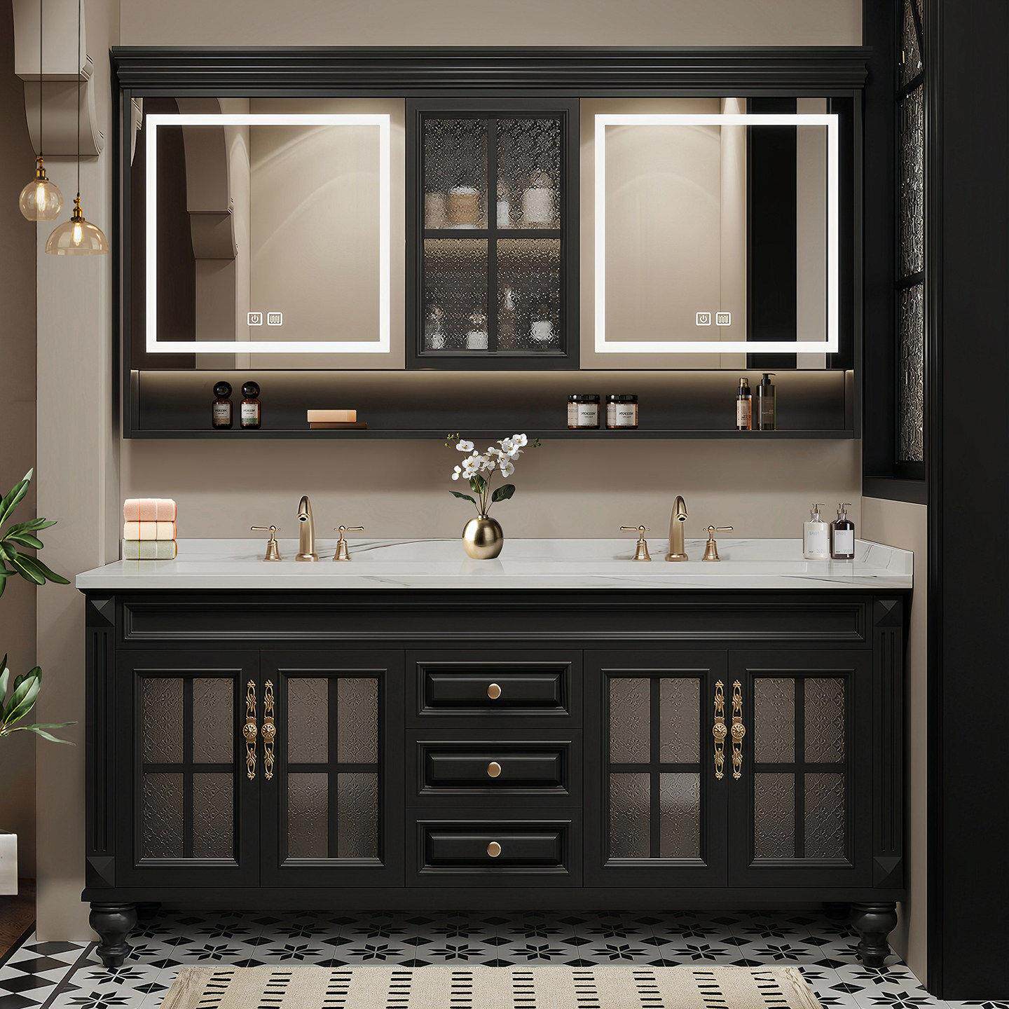 法式复古橡木双盆浴室柜洗漱台落地式洗手台一体台盆洗脸盆柜组合