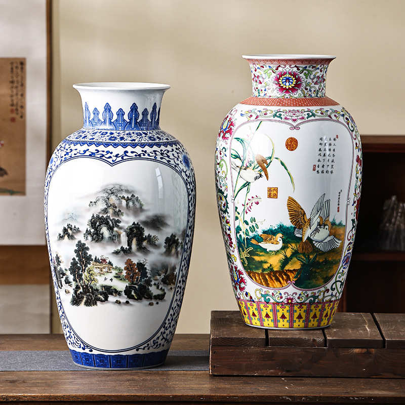 景德镇仿古手绘花瓶老艺人纯手工绘制高档别墅花瓶新中式陶瓷花瓶