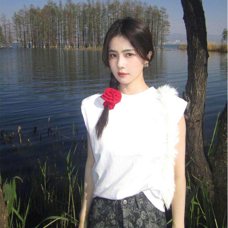 白鹿同款无袖T恤女潮牌夏垫肩设计感背心圆领纯色百搭款显瘦上衣