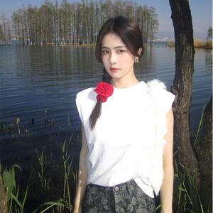 白鹿同款无袖T恤女潮牌夏垫肩设计感背心圆领纯色百搭款显瘦上衣